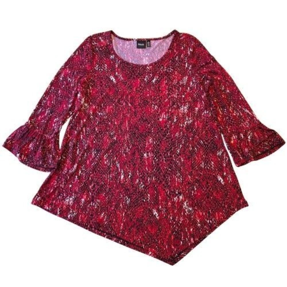 Asymmetric Size Small Bell Sleeve Snake‎ Print Blouse Tunic Red Gold Glitter Y2K